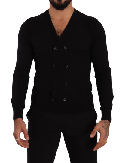 Dolce & Gabbana Elegant V-Neck Black Cashmere Cardigan sweater drapes over frame in luxurious black cashmere fabric