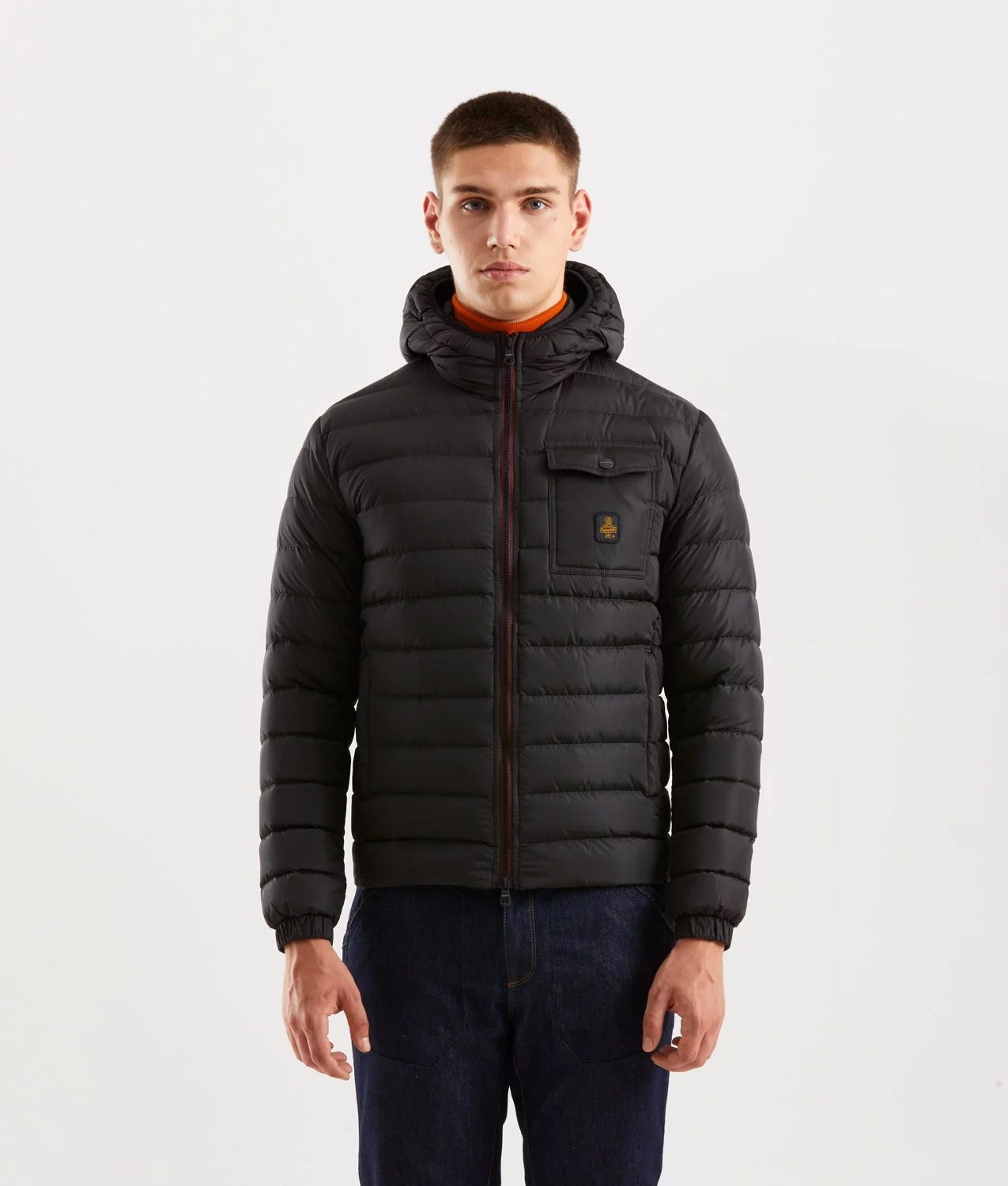 Sleek black hooded down jacket with cozy side pockets and zip closure