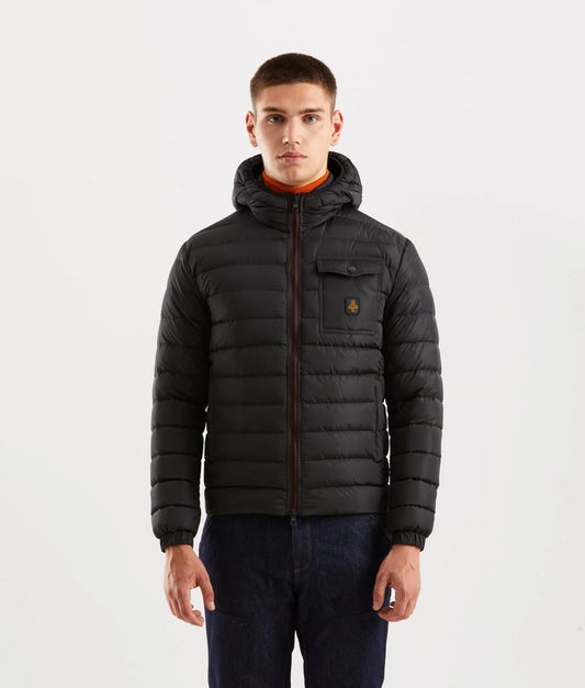 Sleek black hooded down jacket with cozy side pockets and zip closure