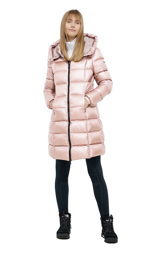 Long pink nylon women's jacket with front zip closure and practical pockets