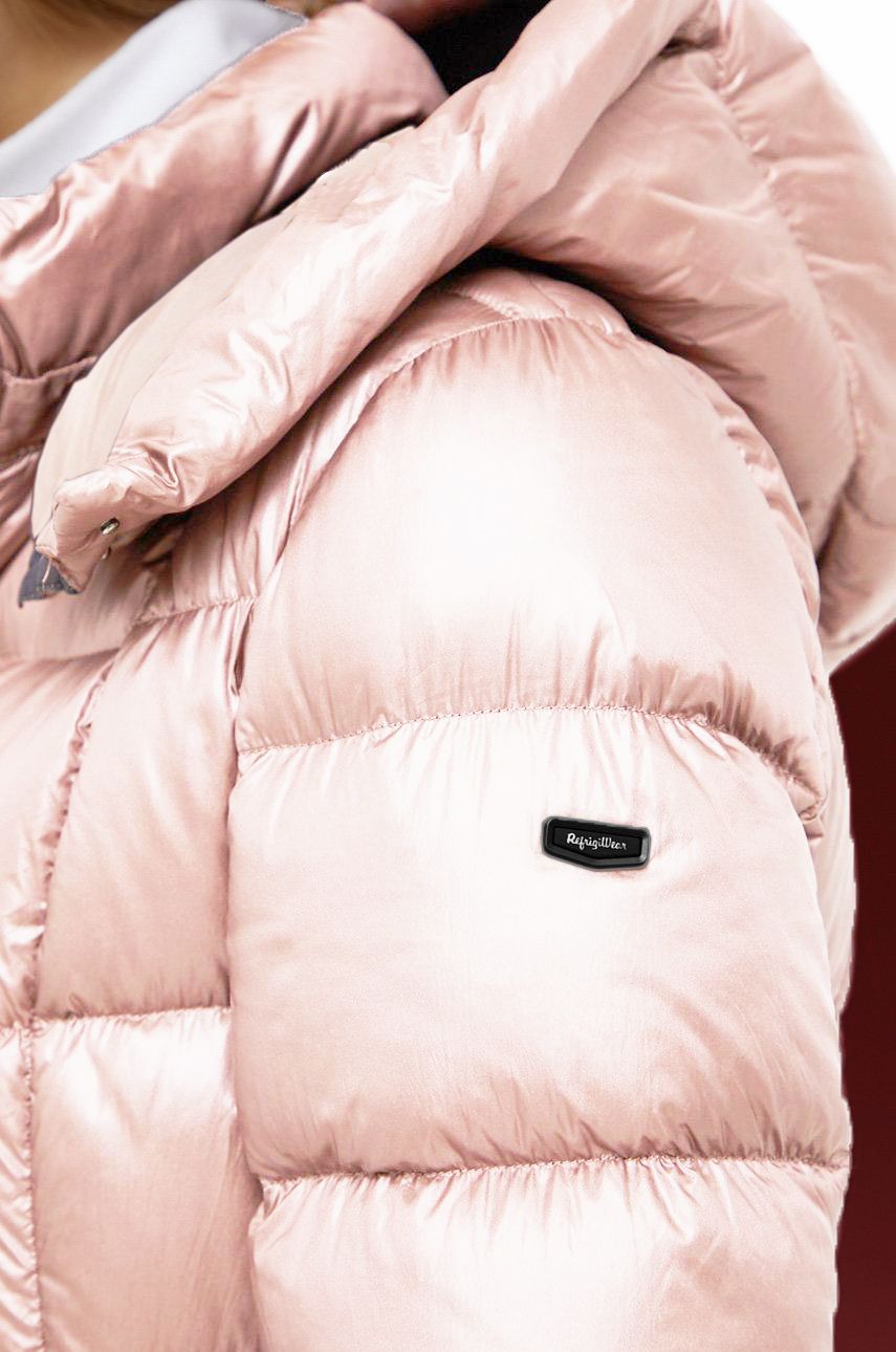 Contemporary pink nylon women's jacket with high collar and inside pockets