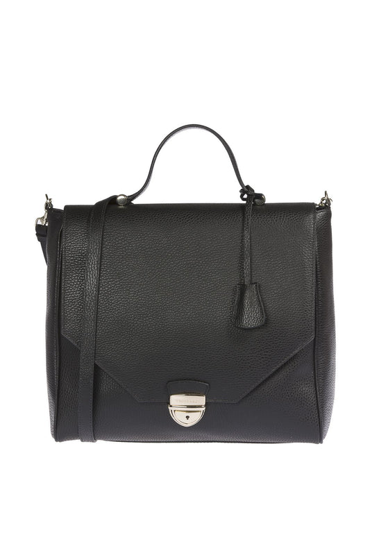 Trussardi Black Leather Women Handbag front view with metal flap closure