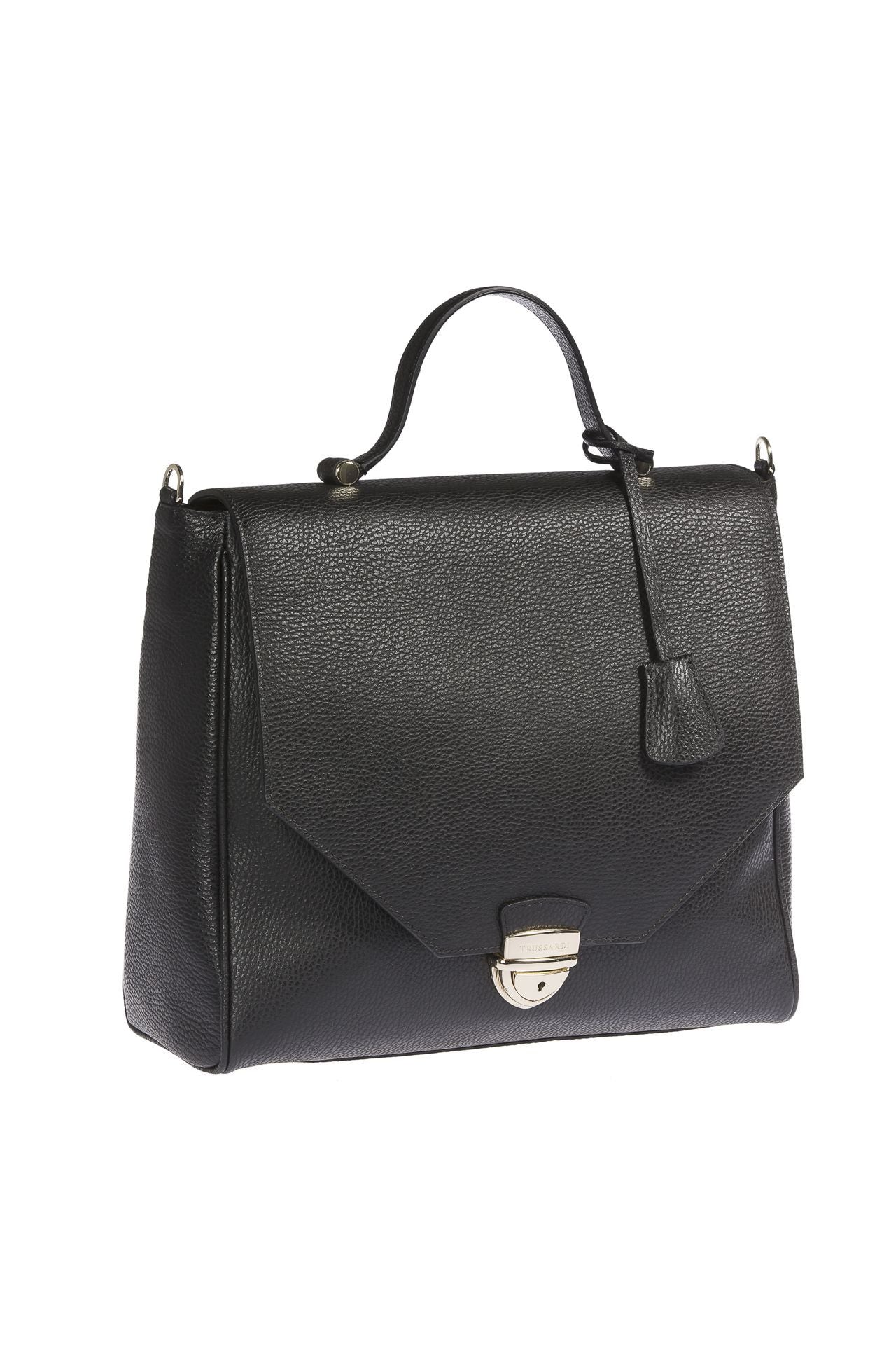 Trussardi Black Leather Women Handbag side view with removable shoulder strap