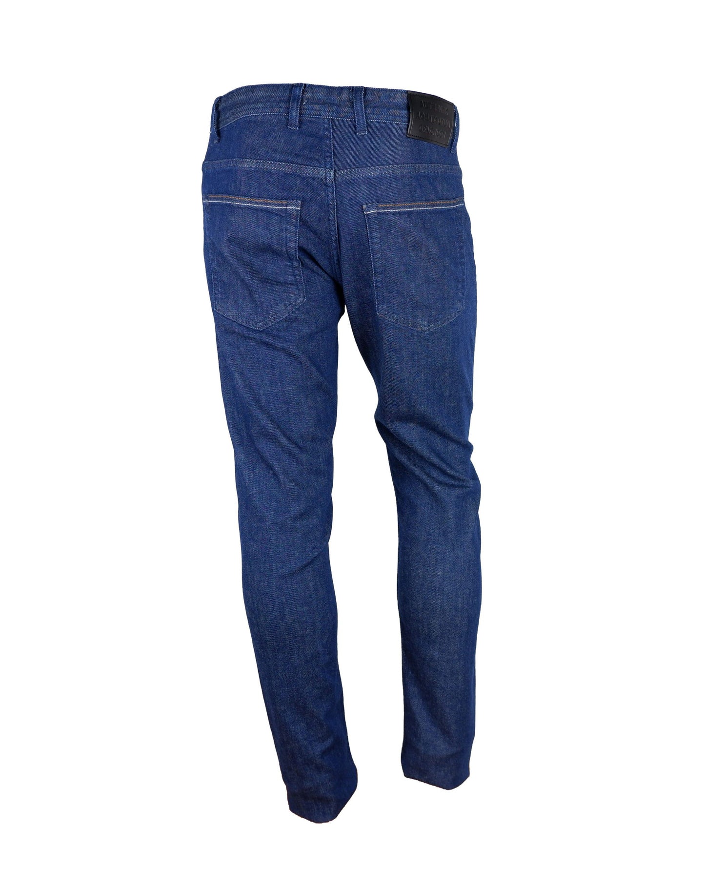 Italian crafted denim jeans in dark blue with black patch detail