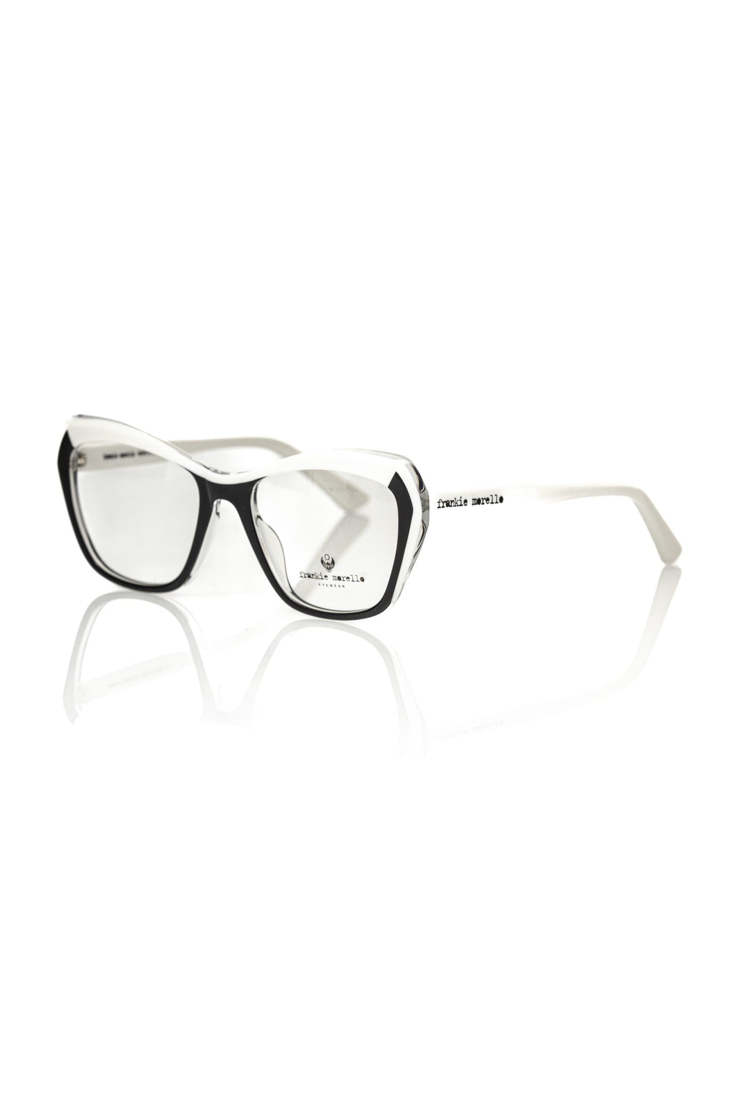 Italian-crafted Frankie Morello eyewear with bold black frame and striking white and transparent profile