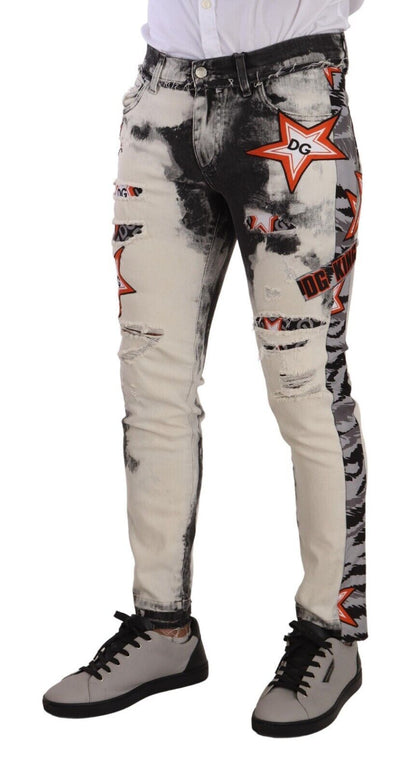 Italian luxury skinny jeans with black and white star design