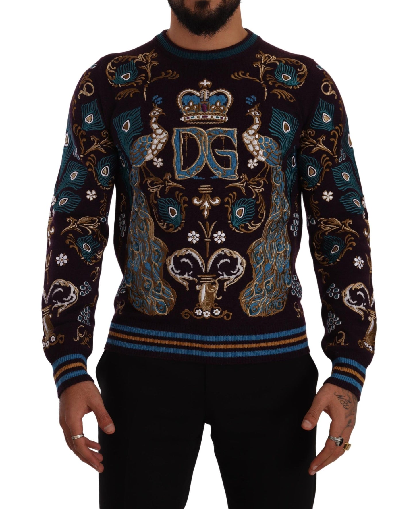 Dolce & Gabbana Elegant Bordeaux Cashmere Crewneck Sweater with Multicolored Embroidery