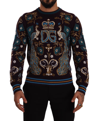 Dolce & Gabbana Elegant Bordeaux Cashmere Crewneck Sweater with Multicolored Embroidery