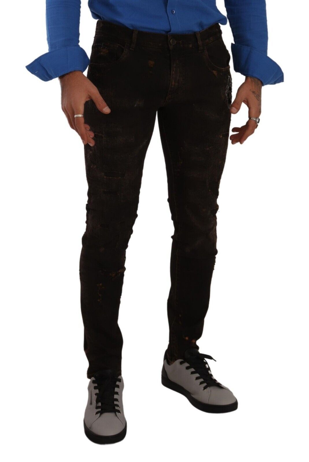 Italian-made slim-fit distressed denim jeans with stretch-infused fabric
