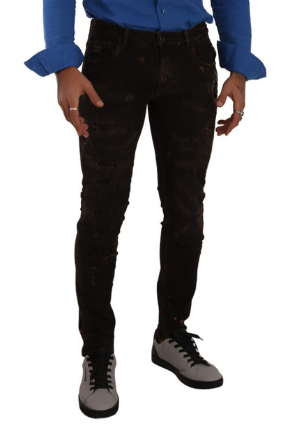 Italian-made slim-fit distressed denim jeans with stretch-infused fabric