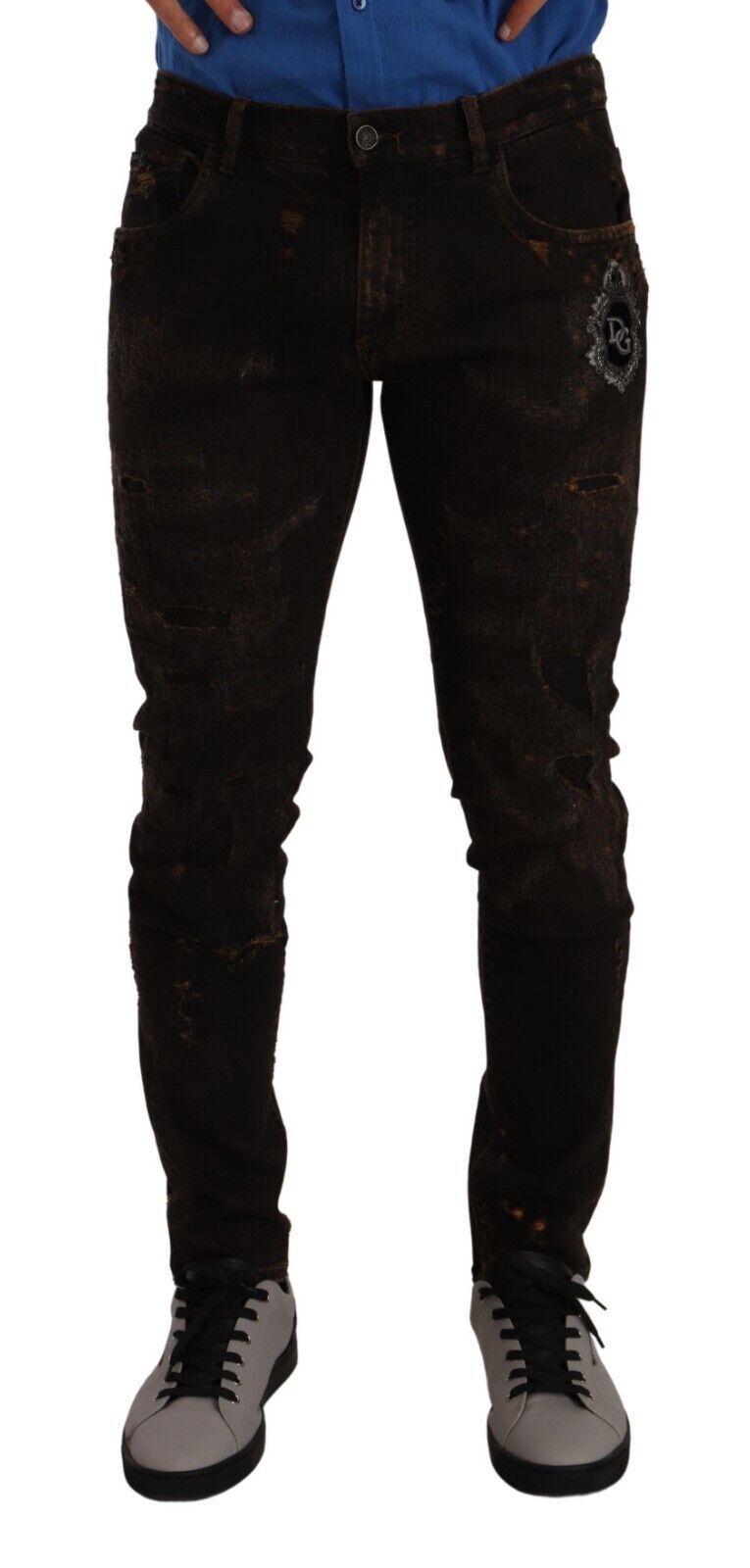 Slim-fit distressed brown Dolce & Gabbana skinny jeans with logo details