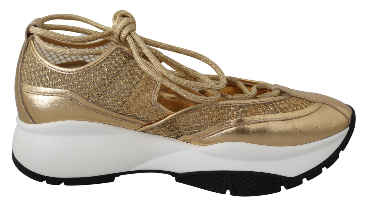 Exquisite Jimmy Choo Michigan Hip Sneakers in Gold Mesh and Leather