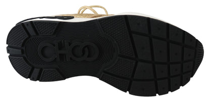 Elegant gold Jimmy Choo sneakers with mesh, metallic nappa, and patent leather