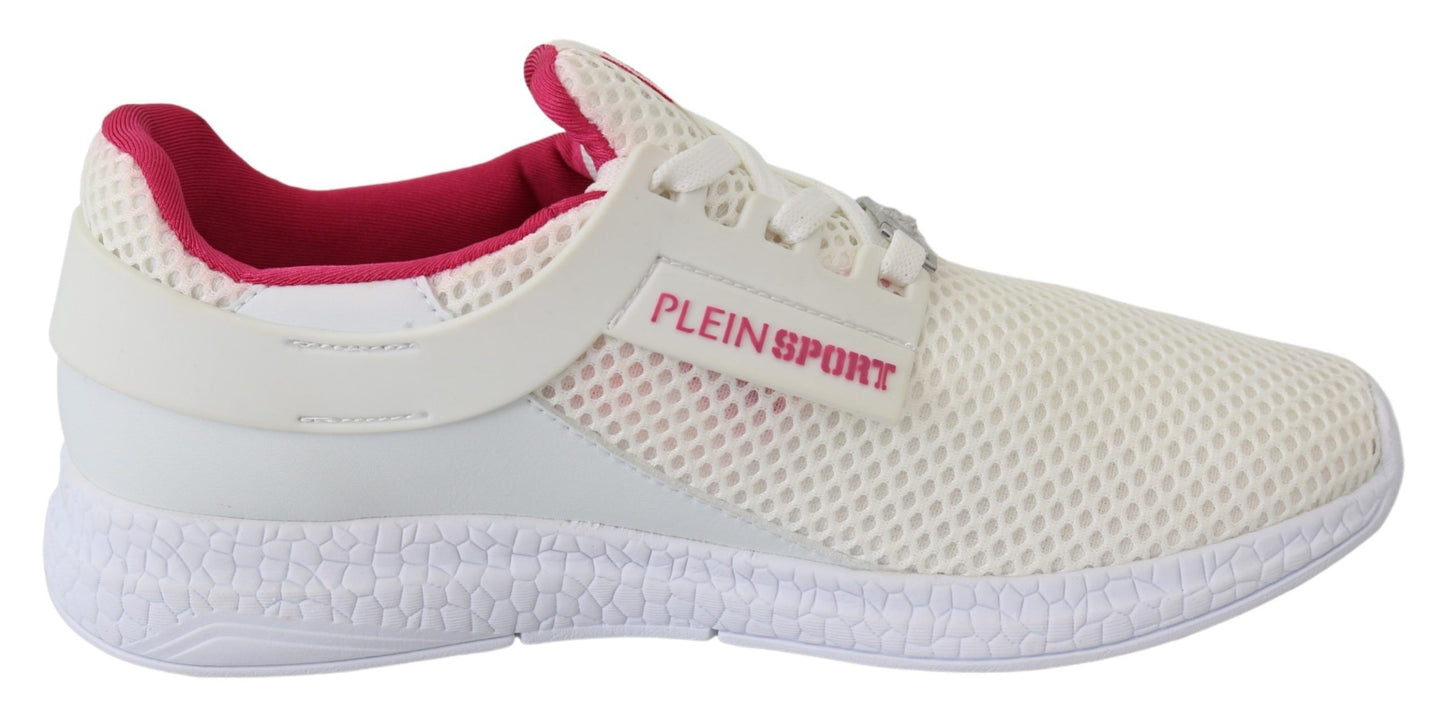 Side view of Plein Sport Exclusive White Runner Becky Sneakers showcasing high craftsmanship and robust rubber sole