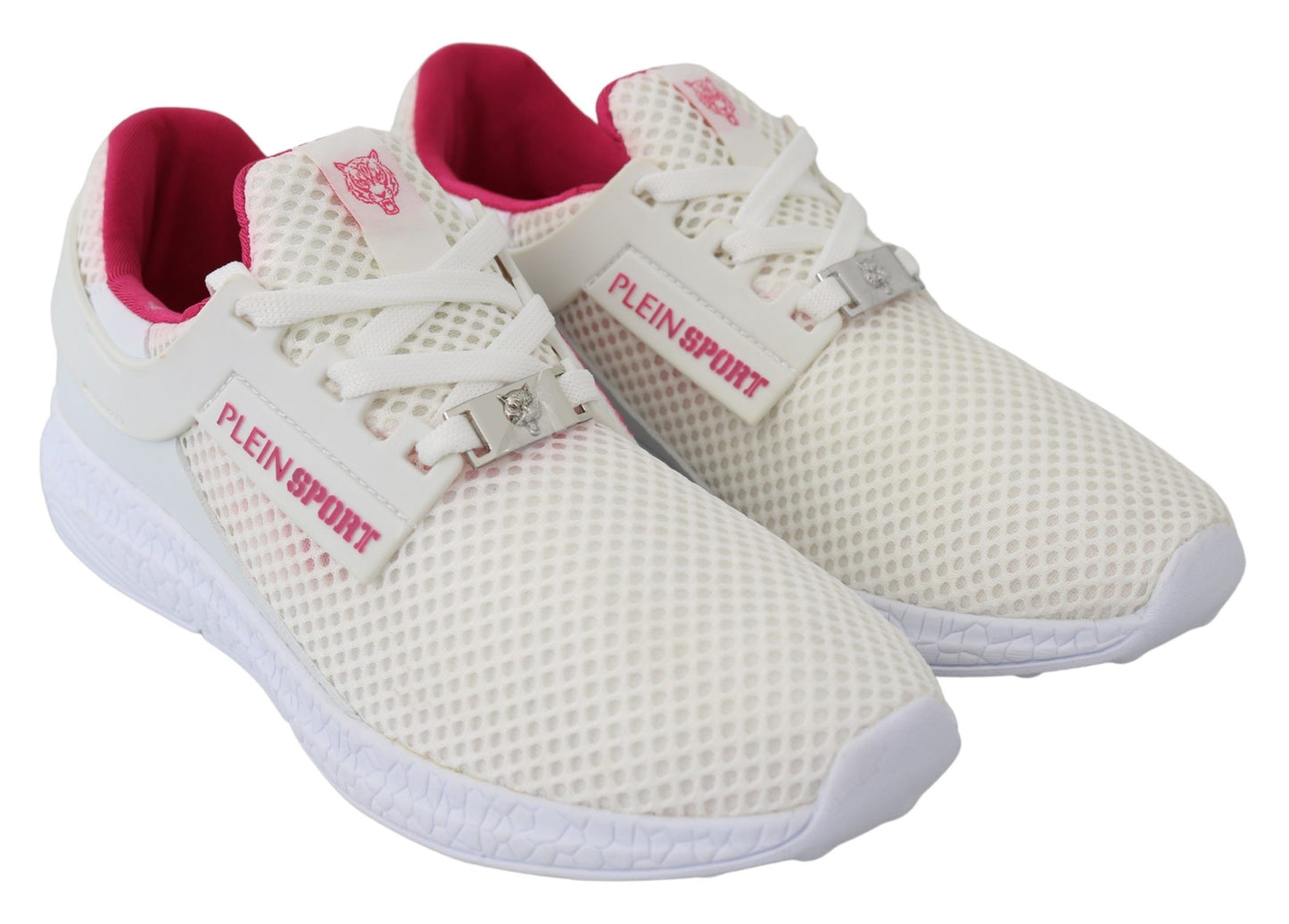 Plein Sport Exclusive White Runner Becky Sneakers front view showing pristine white color and iconic logo details