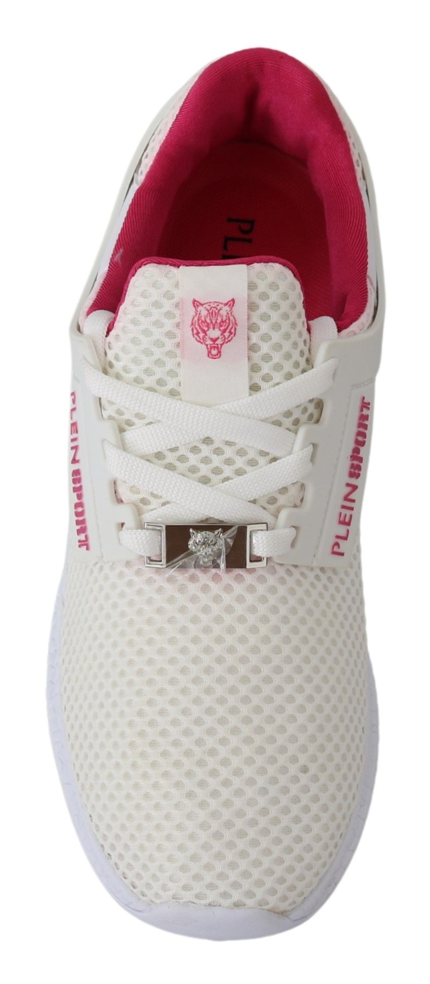 Close-up of the logo details on Plein Sport Exclusive White Runner Becky Sneakers, new with tags and original box