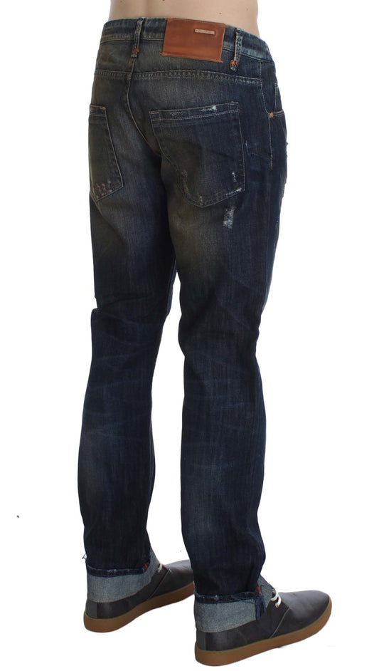 Elegant straight fit men's denim jeans in blue wash 