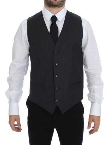 Dolce & Gabbana Gray Wool Formal Dress Vest with full button front closure and logo details 