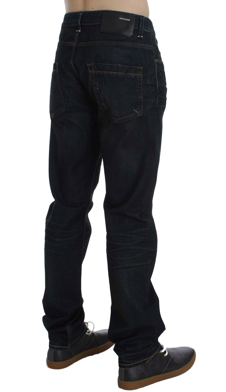 Dark blue straight fit jeans with stylish button fly closure Luxury Italian craftsmanship 