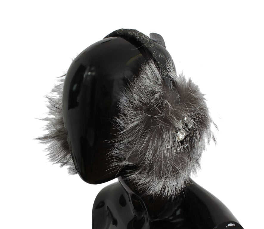 Dolce & Gabbana Elegant Fur and Crystal Ear Muffs in Gray Fox Fur