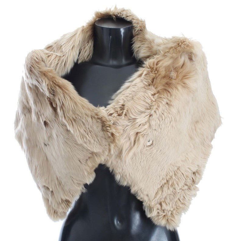 Beige Alpaca Fur Shoulder Wrap with Two-Button Closure and Logo Details