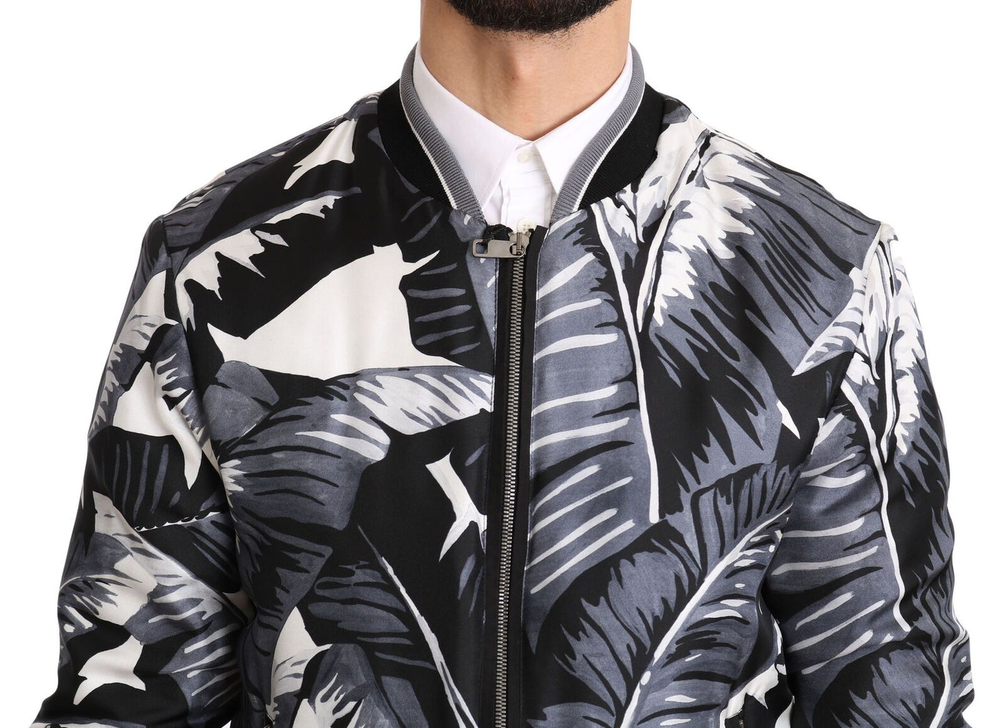 Exquisite black, white, and gray banana leaf print with delicate shine-through details