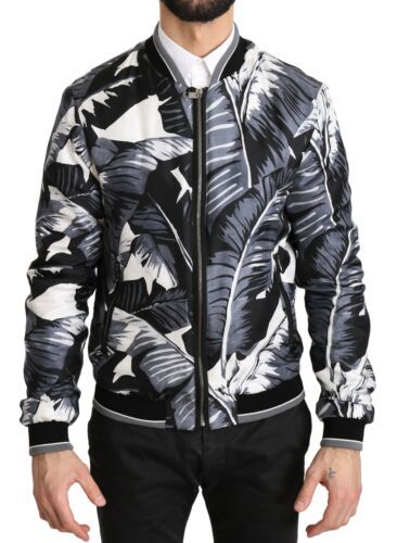 Dolce & Gabbana Elegant Banana Leaf Print Silk Bomber Jacket in black and white with gray banana leaf print