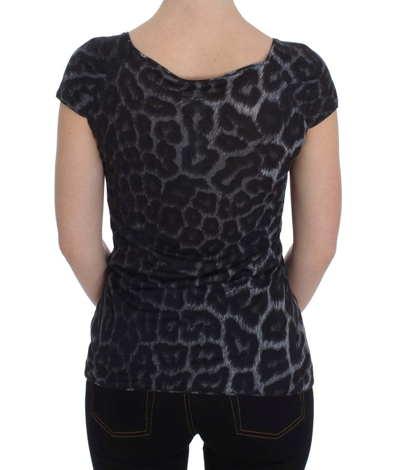 Soft and silky gray modal top by Cavalli, featuring a wild leopard print