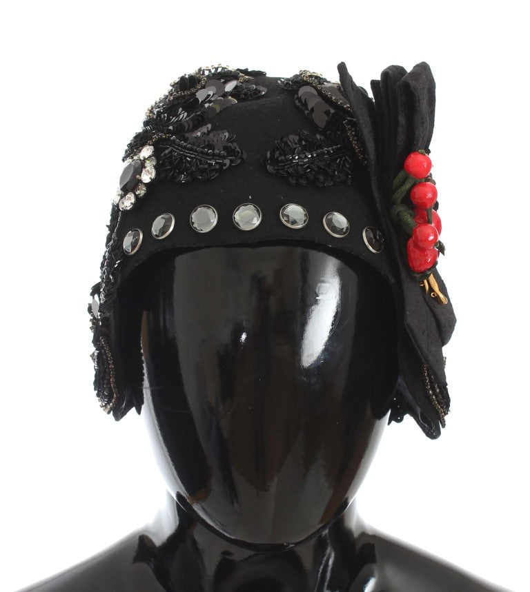 Luxurious black cloche hat with dazzling crystals and sequins