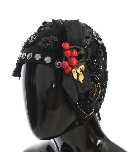 Dolce & Gabbana Elegant Black Crystal-Adorned Cloche Hat in striking black