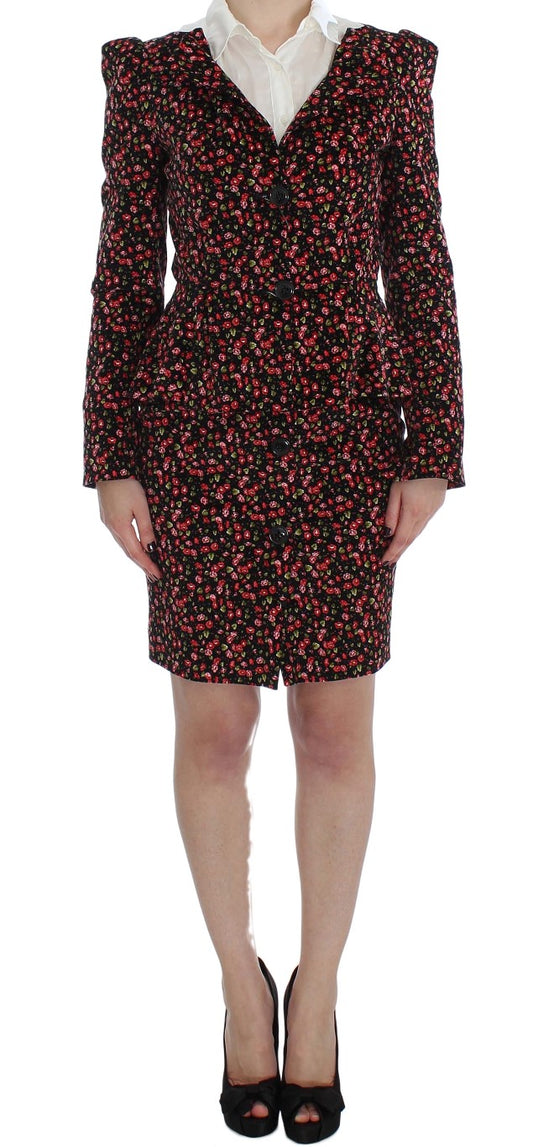 Elegant floral two-piece skirt suit set with tailored blazer jacket