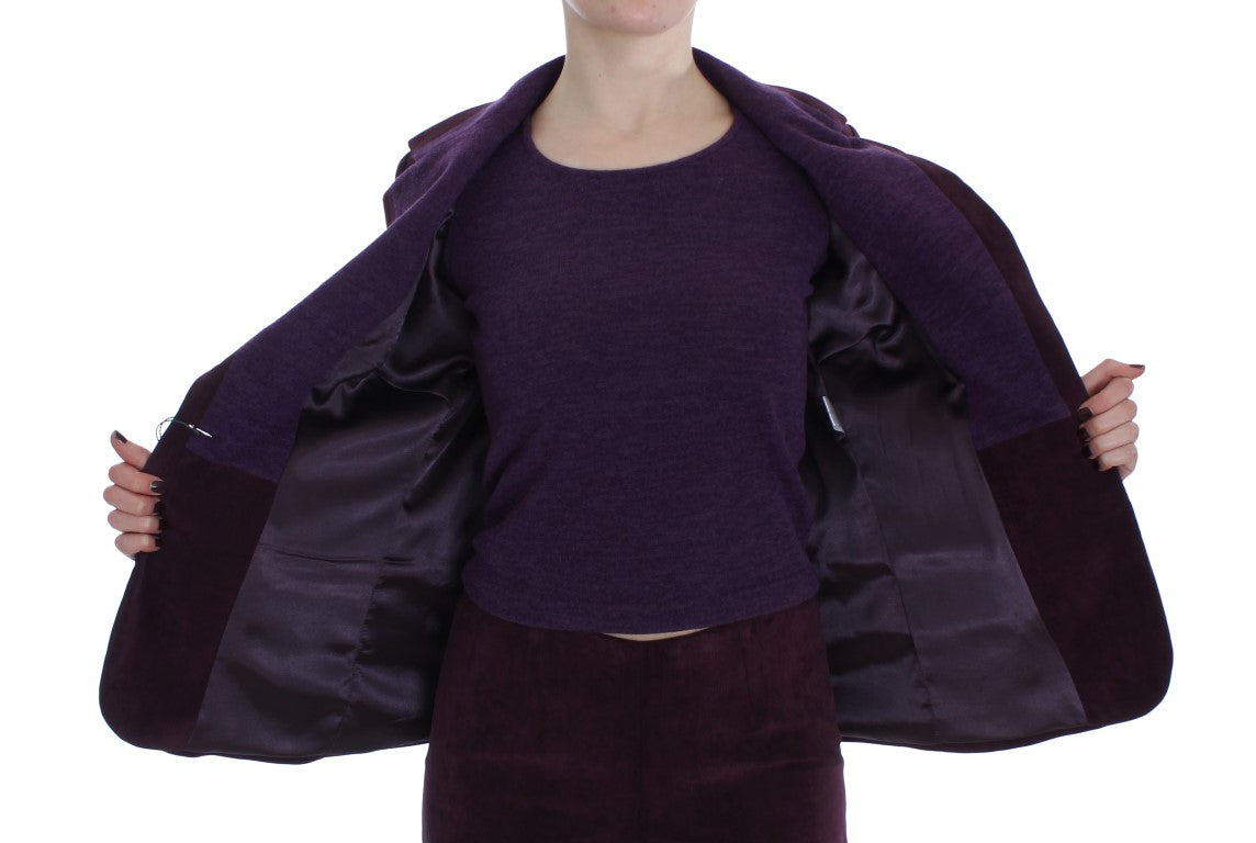 Chic blazer, stylish pants, and coordinating T-shirt all in a regal purple hue