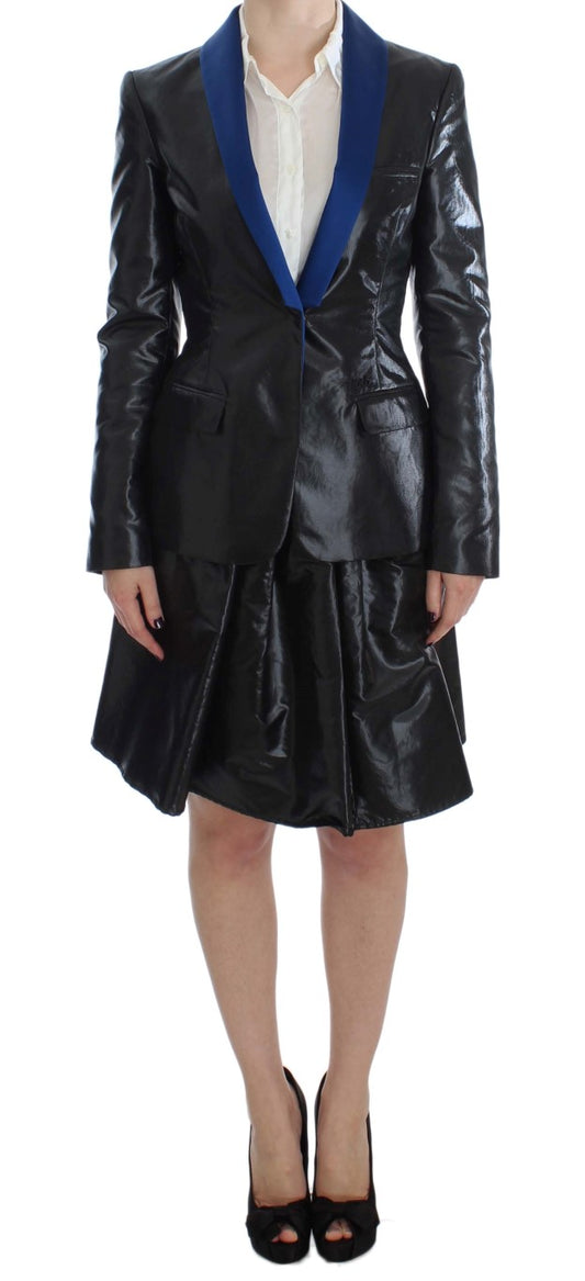 Exte Elegant Two-Piece Black Skirt Suit with blue accents and Italian craftsmanship