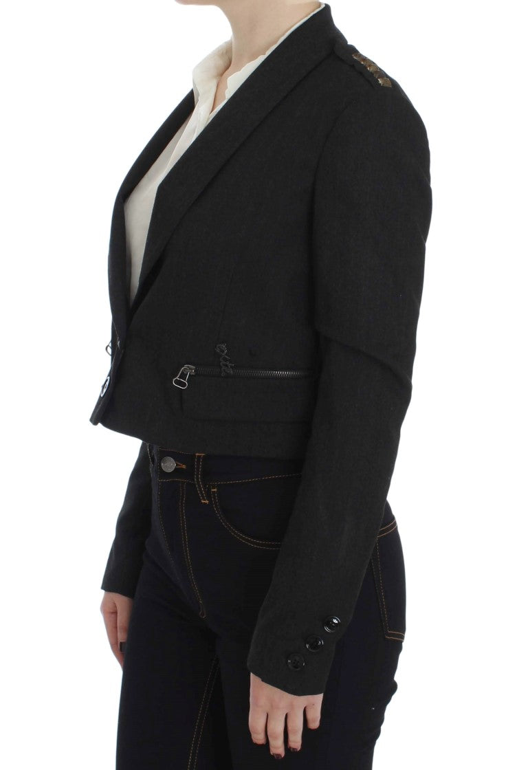 Sophisticated gray blazer with gold button detailing and Italian craftsmanship