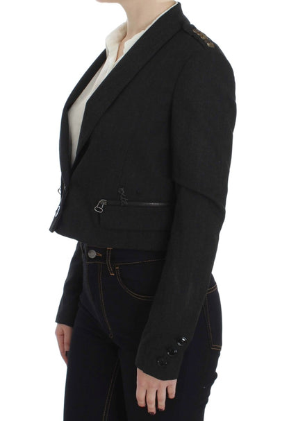 Sophisticated gray blazer with gold button detailing and Italian craftsmanship