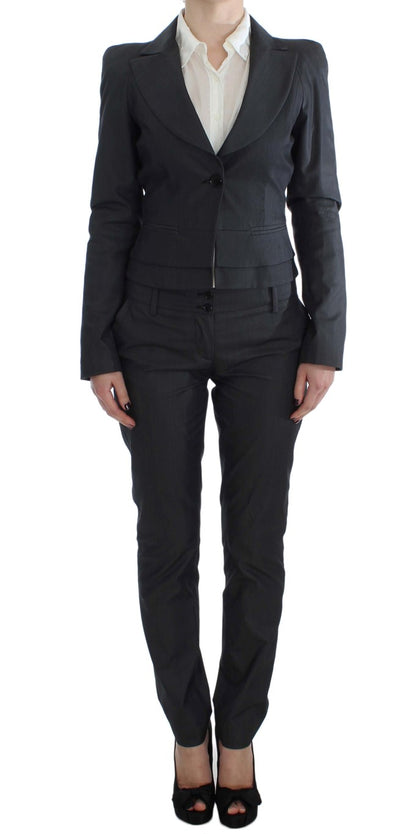 Exte Chic Gray Cotton Blend Pantsuit Ensemble featuring one-button closure blazer