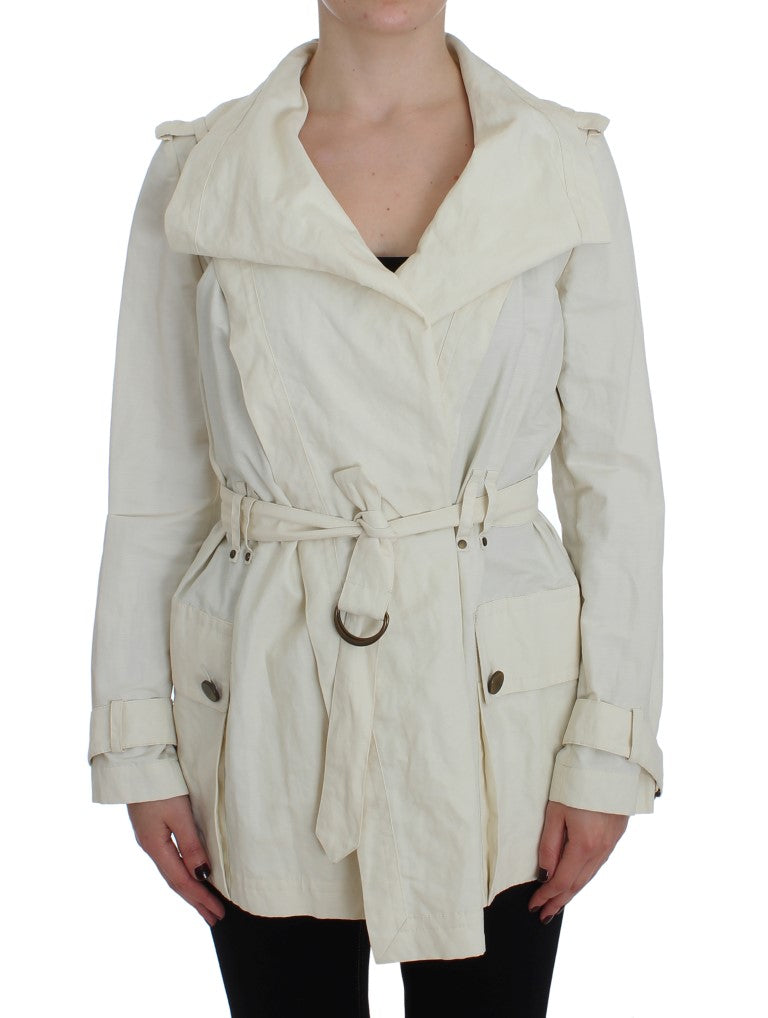 Elegant PLEIN SUD White Wrap Trench Jacket with Waist Belt and Logo Detail
