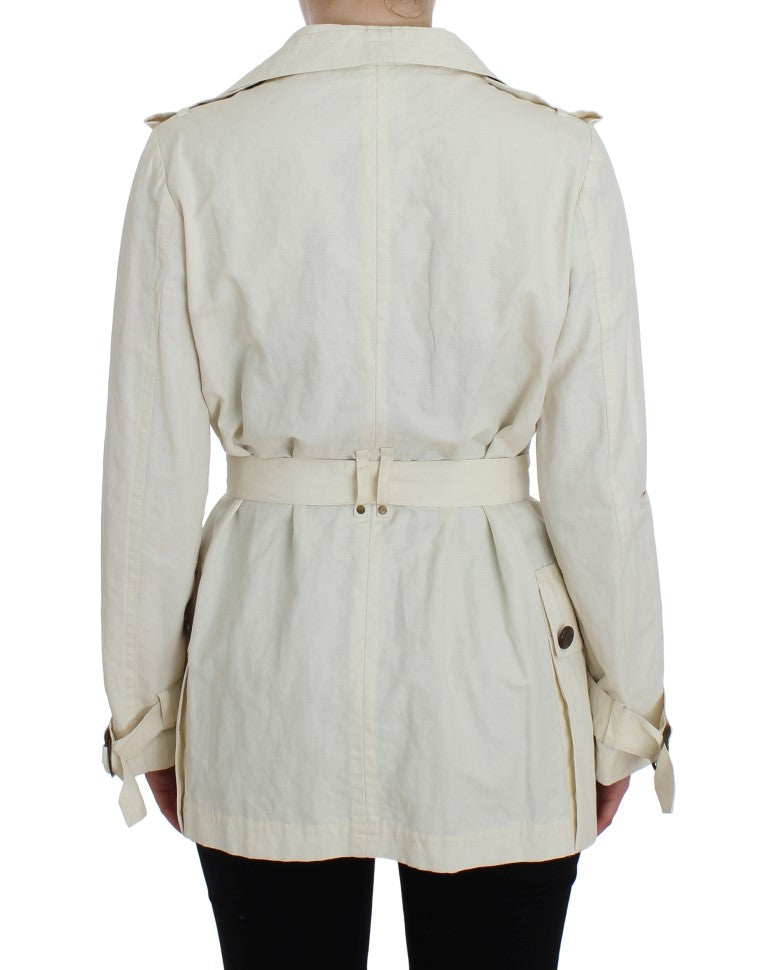 Sophisticated and Modern White Wrap Trench Jacket with Subtle Sheen