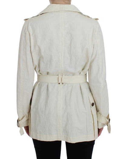 Sophisticated and Modern White Wrap Trench Jacket with Subtle Sheen