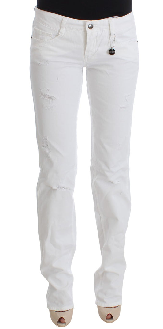 Costume National Chic Slim Fit White Cotton Jeans front view with zipper and button fly