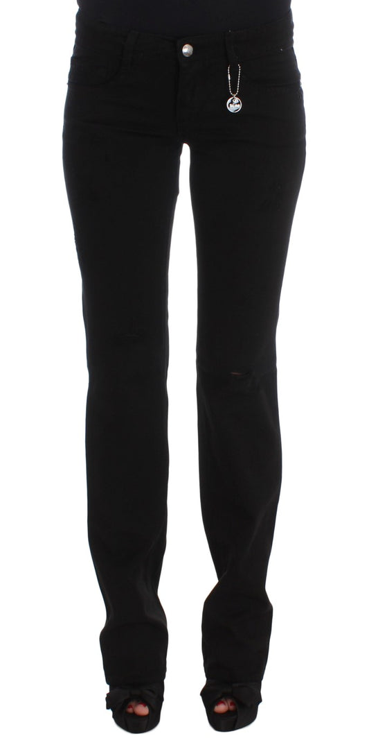 Costume National Chic Black Slim Fit Zippered Cotton Jeans front view with logo details