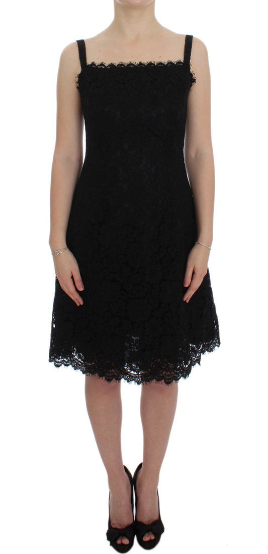 Dolce & Gabbana Elegant Black Floral Lace Knee-Length Dress with Delicate Details