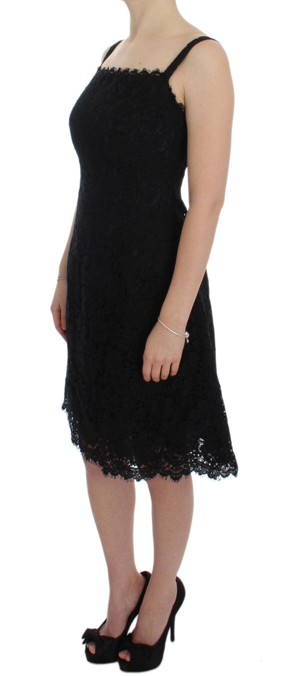 Dolce & Gabbana Elegant Black Floral Lace Knee-Length Dress with Sheer Overlay and Scalloped Hem