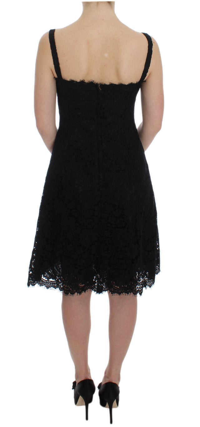 Dolce & Gabbana Elegant Black Floral Lace Knee-Length Dress with Sheer Sleeves and Flared Skirt