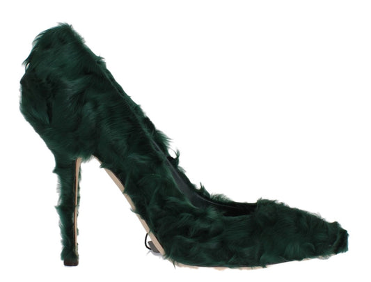 Pair of Dolce & Gabbana Elegant Green Xiangao Fur Leather Pumps with Logo Details and Leather Sole