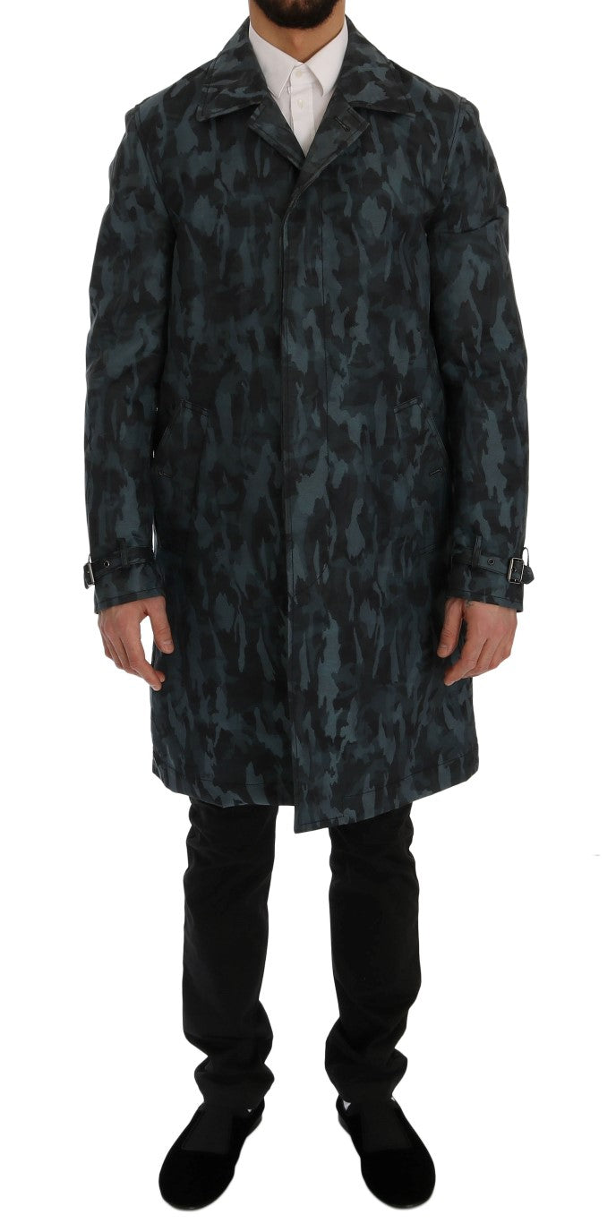 Blue camouflage trench coat with adjustable waist belt and button closure