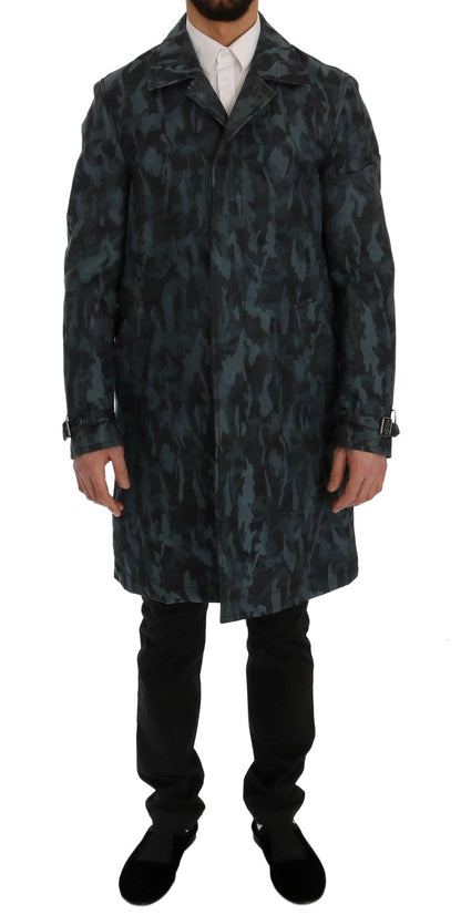 Blue camouflage trench coat with adjustable waist belt and button closure