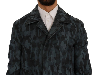 Elegant and comfortable fit blue trench coat with distinct logo accents