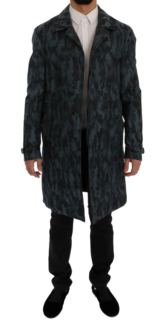 Blue camouflage print trench coat exuding exclusivity and superior craftsmanship