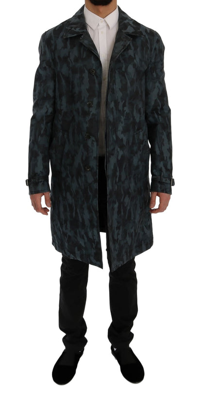 Blue camouflage print trench coat exuding exclusivity and superior craftsmanship